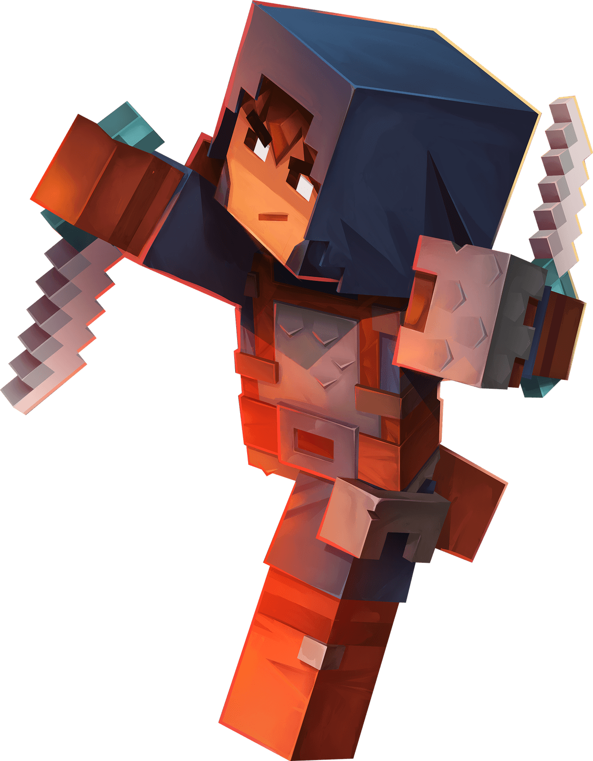 Minecraft character with sword in nighttime landscape